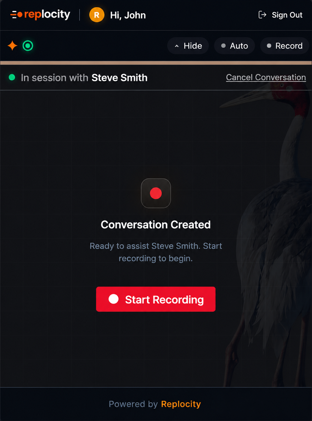 Session created, ready to start recording